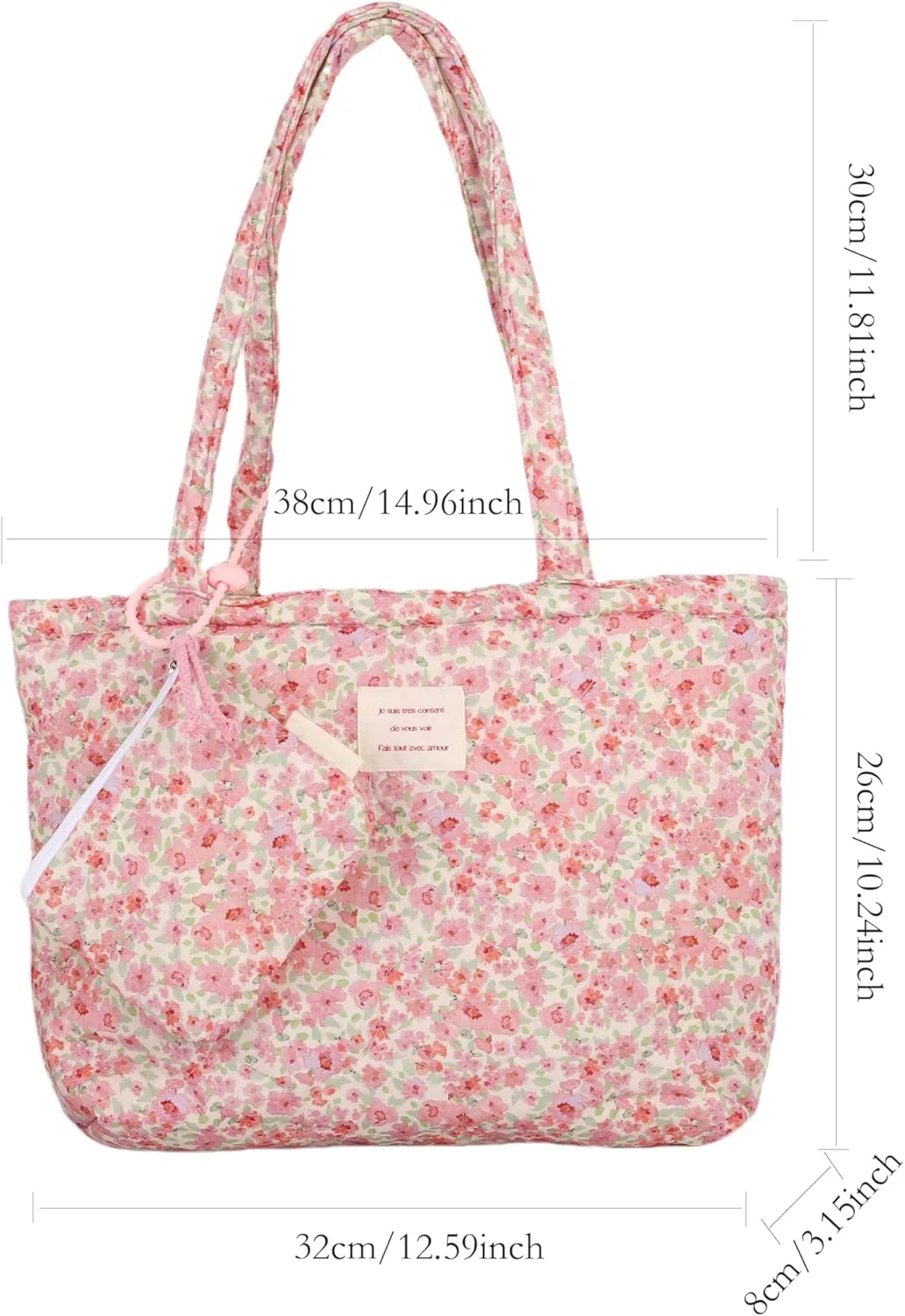 Floral Quilted 2-in-1 Bag Set for Wome Cotton Large Capacity Thickened Handbag Shoulder Tote Mini Organizer Pouch A040