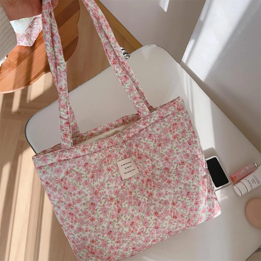 Floral Quilted 2-in-1 Bag Set for Wome Cotton Large Capacity Thickened Handbag Shoulder Tote Mini Organizer Pouch A040