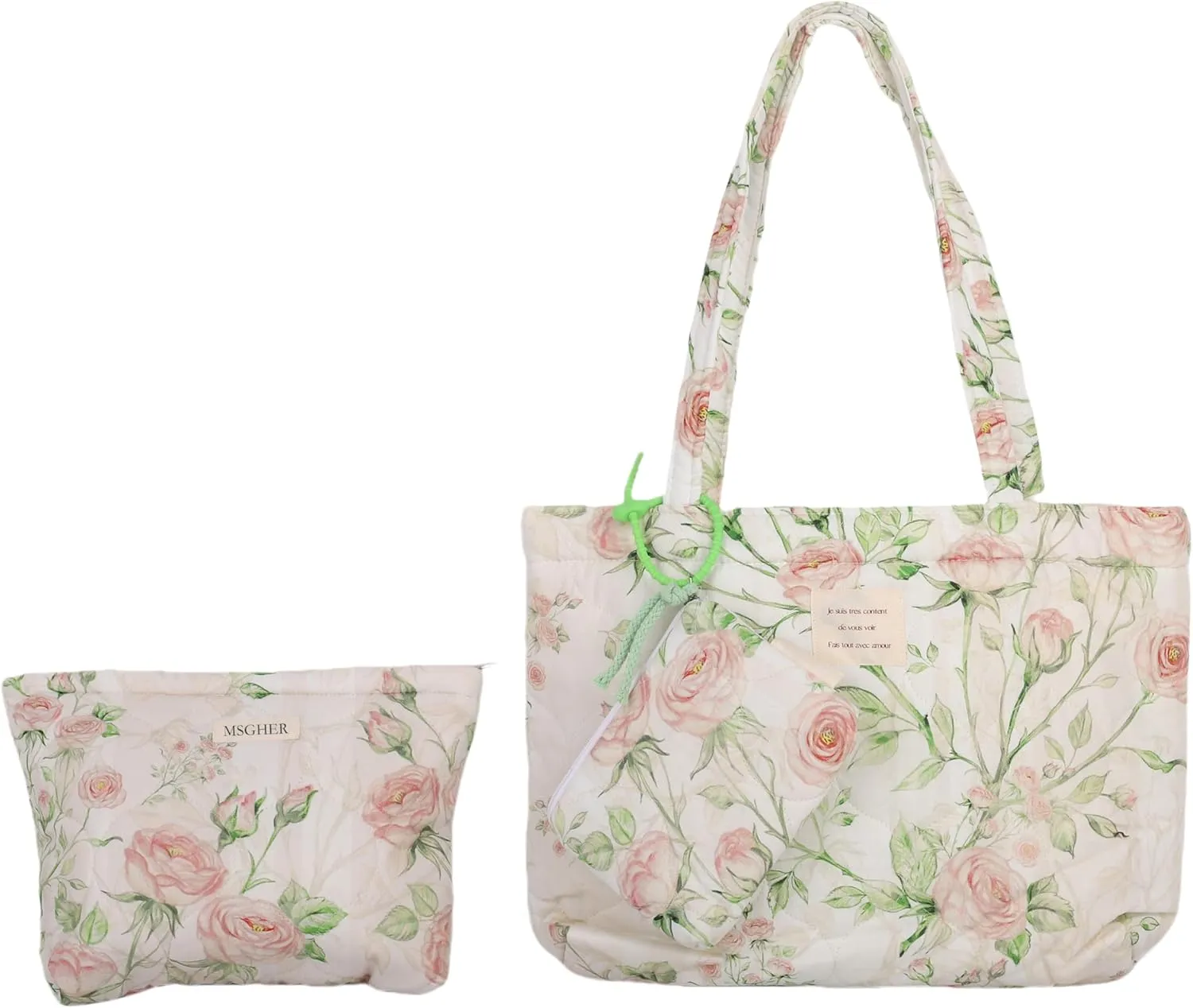 Floral Quilted 3-in-1 Bag Set for Wome Cotton Large Shoulder Tote with Medium Cosmetic Bag Mini Organizer Pouch A039