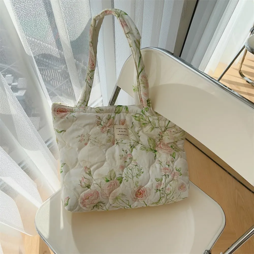 Floral Quilted 3-in-1 Bag Set for Wome Cotton Large Shoulder Tote with Medium Cosmetic Bag Mini Organizer Pouch A039