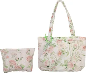 Floral Quilted 3-in-1 Bag Set for Wome Cotton Large Shoulder Tote with Medium Cosmetic Bag Mini Organizer Pouch A039