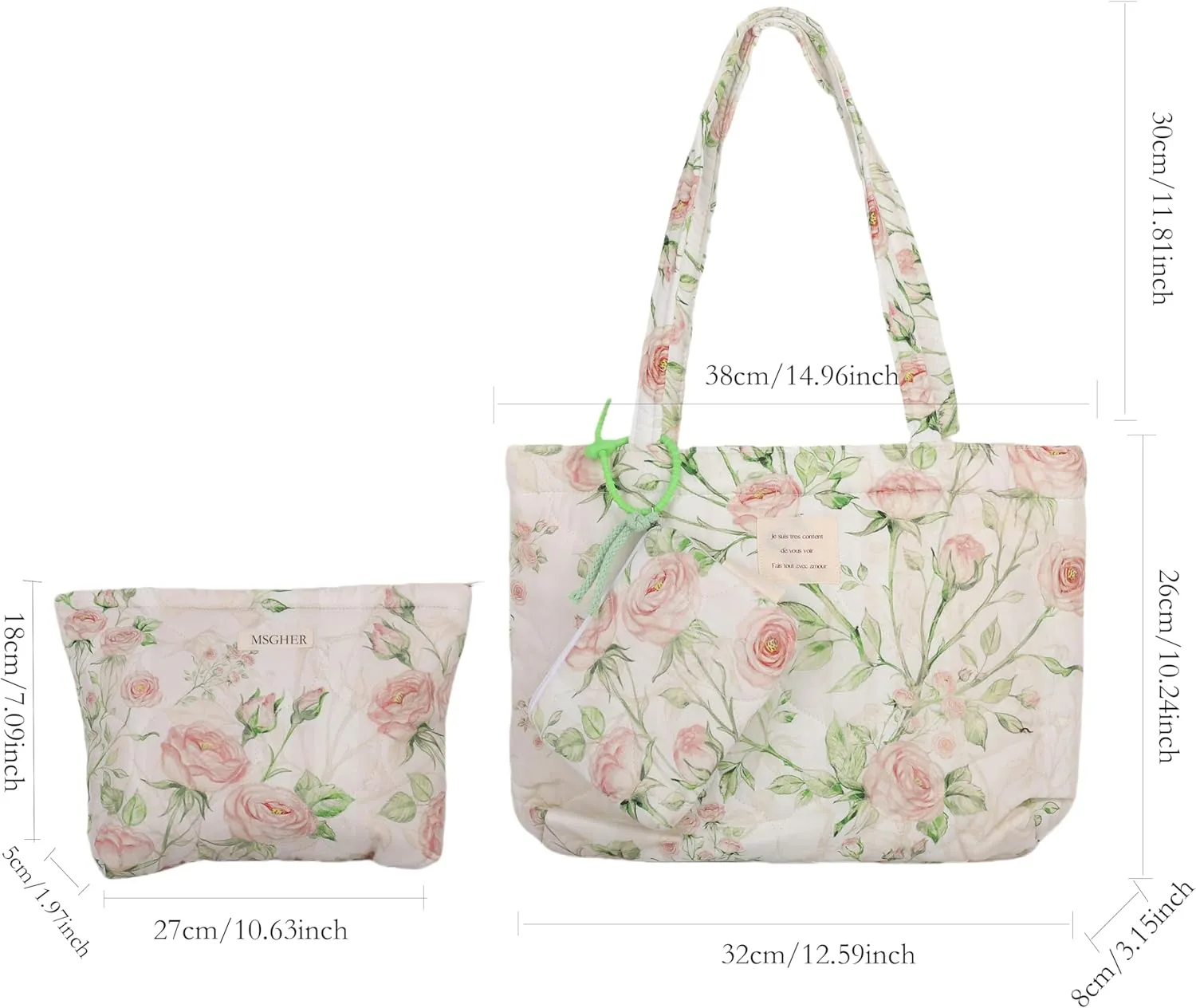 Floral Quilted 3-in-1 Bag Set for Wome Cotton Large Shoulder Tote with Medium Cosmetic Bag Mini Organizer Pouch A039