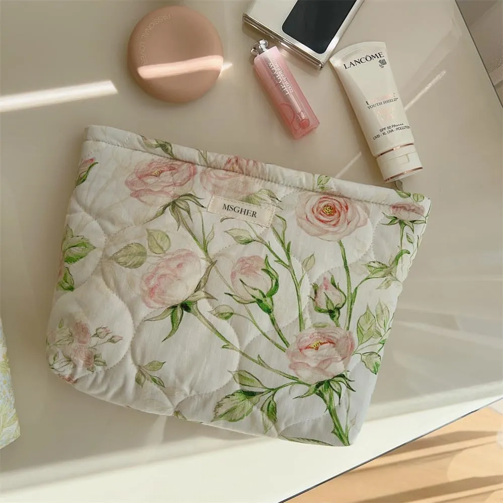 Floral Quilted 3-in-1 Bag Set for Wome Cotton Large Shoulder Tote with Medium Cosmetic Bag Mini Organizer Pouch A039