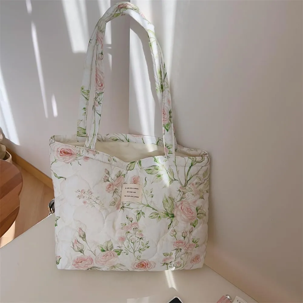 Floral Quilted 3-in-1 Bag Set for Wome Cotton Large Shoulder Tote with Medium Cosmetic Bag Mini Organizer Pouch A039