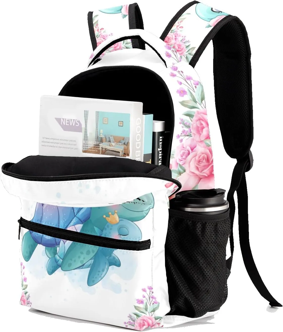 Floral Sea Turtle Personalized Kids School Backpack for Boys Girls Custom Primary Daypack Bags Travel Bookbag