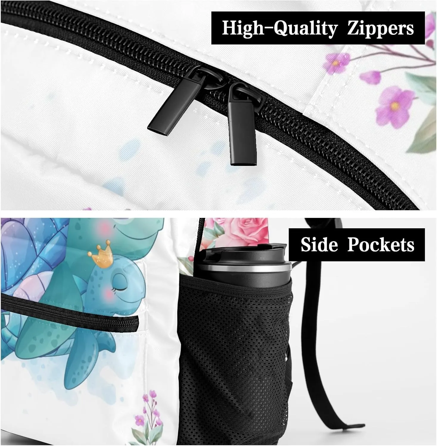 Floral Sea Turtle Personalized Kids School Backpack for Boys Girls Custom Primary Daypack Bags Travel Bookbag