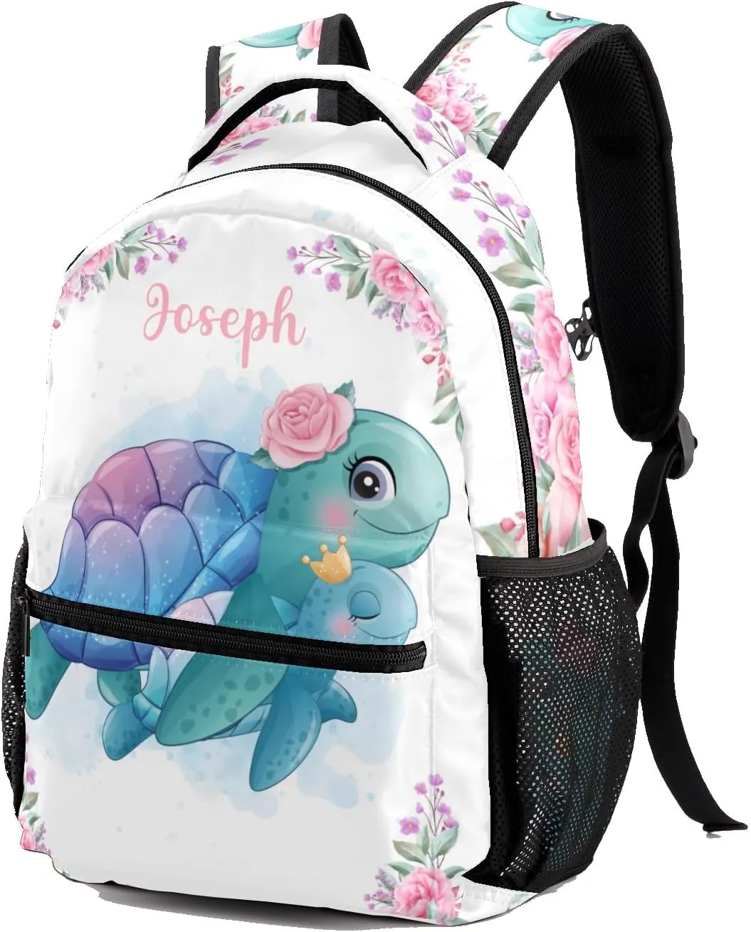 Floral Sea Turtle Personalized Kids School Backpack for Boys Girls Custom Primary Daypack Bags Travel Bookbag