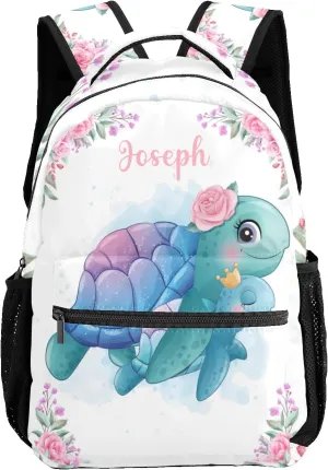 Floral Sea Turtle Personalized Kids School Backpack for Boys Girls Custom Primary Daypack Bags Travel Bookbag