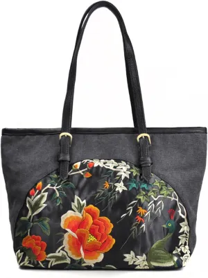 Flower Embroidery Shoulder Bag for Women Canvas Ethnic Tote Bag Casual Top Handle Satchel Bag Large Handbag and Purse