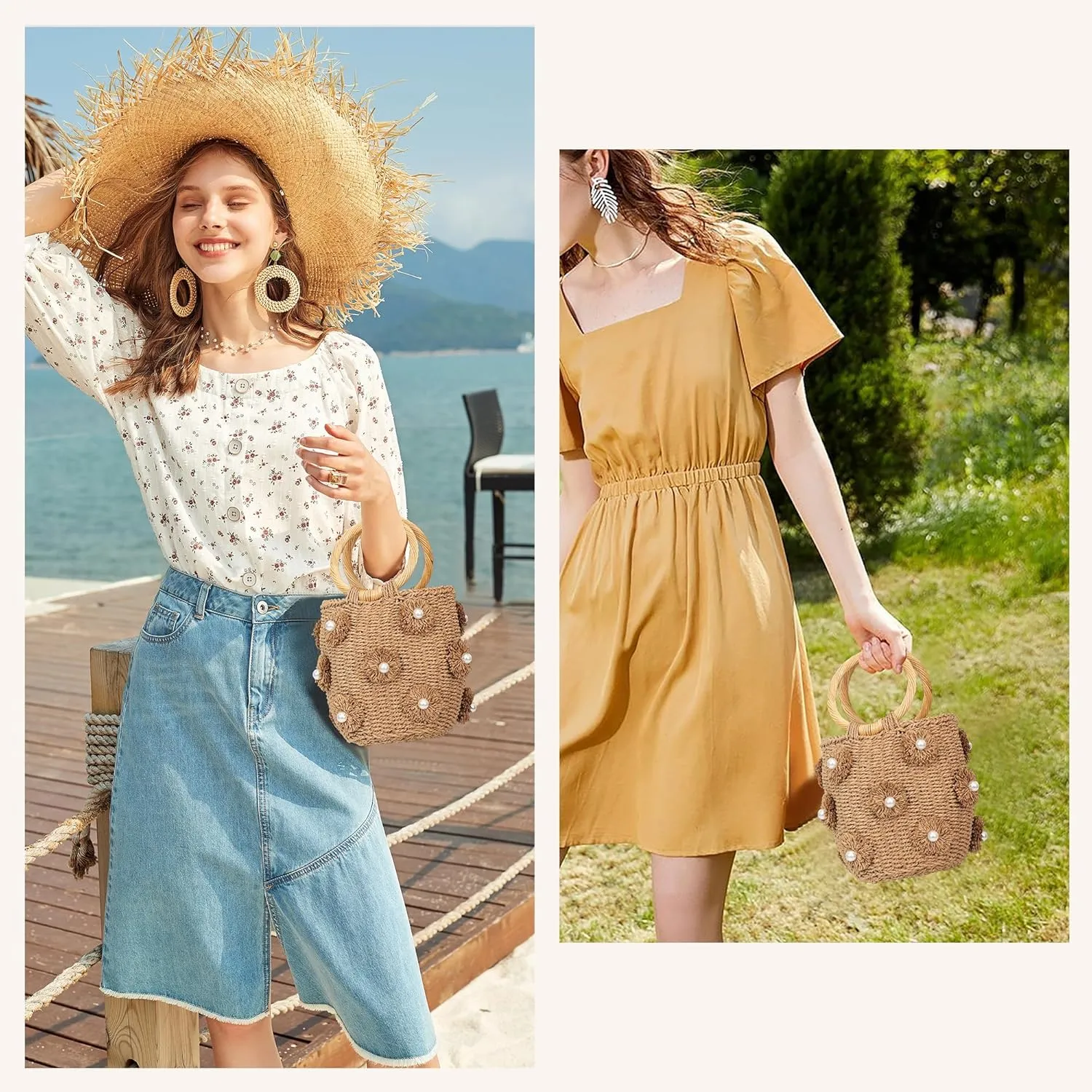 Flower Pearls Rattan Straw Bag Tote Bag Summer Beach Bag Straw Bucket Bag Woven Handbag Drawstring for Women