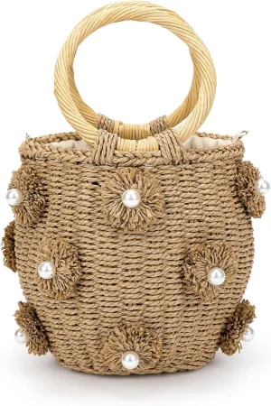 Flower Pearls Rattan Straw Bag Tote Bag Summer Beach Bag Straw Bucket Bag Woven Handbag Drawstring for Women