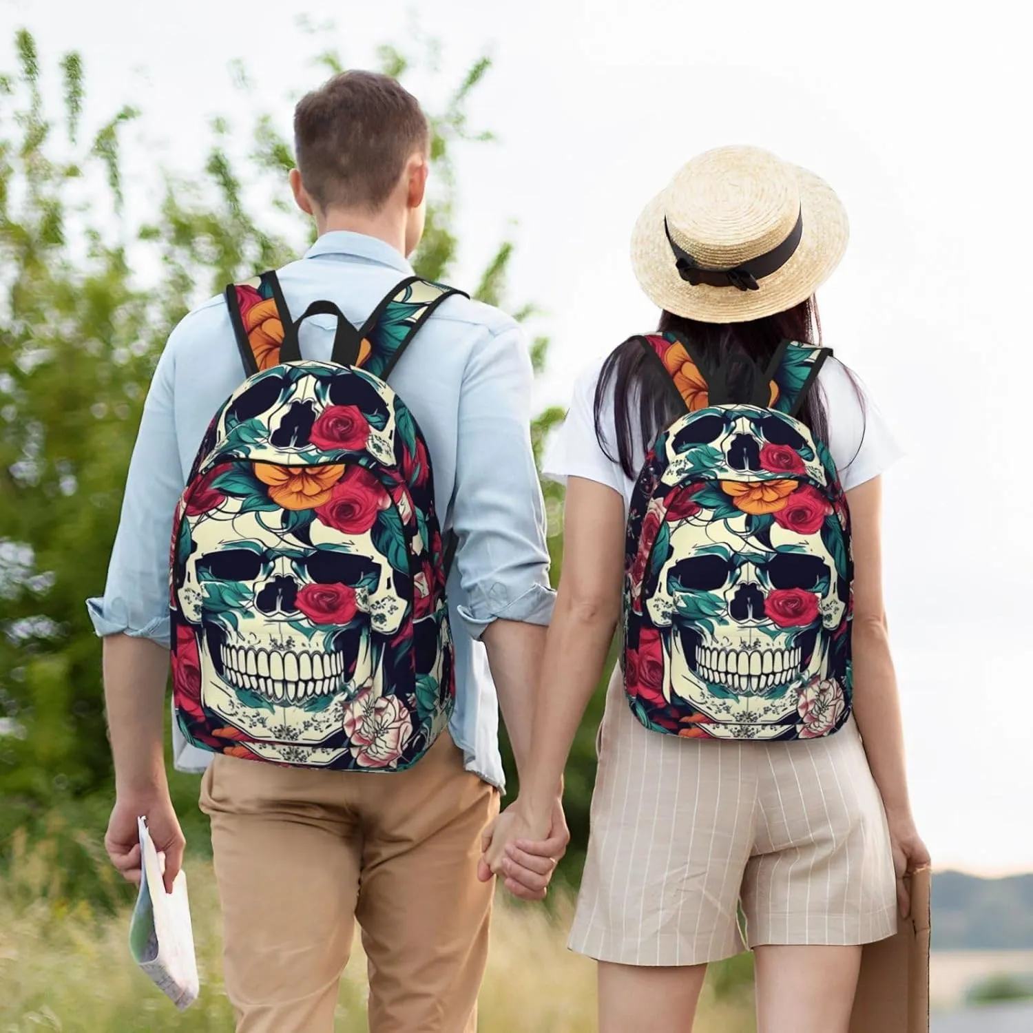 Flowers Skull Ornamental Print Laptop Backpack For Women Travel Canvas Bookbag For Men Outdoor Fashion Casual Daypack