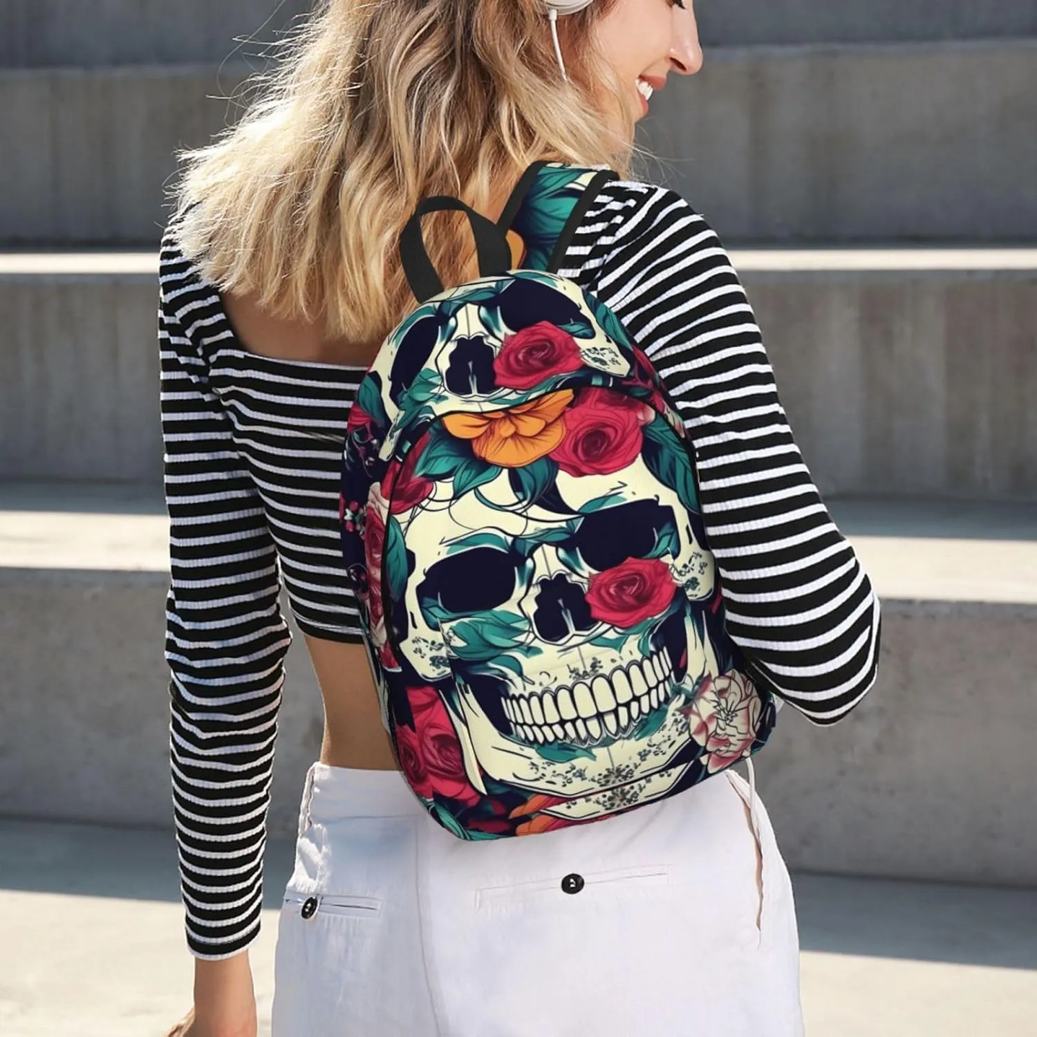 Flowers Skull Ornamental Print Laptop Backpack For Women Travel Canvas Bookbag For Men Outdoor Fashion Casual Daypack