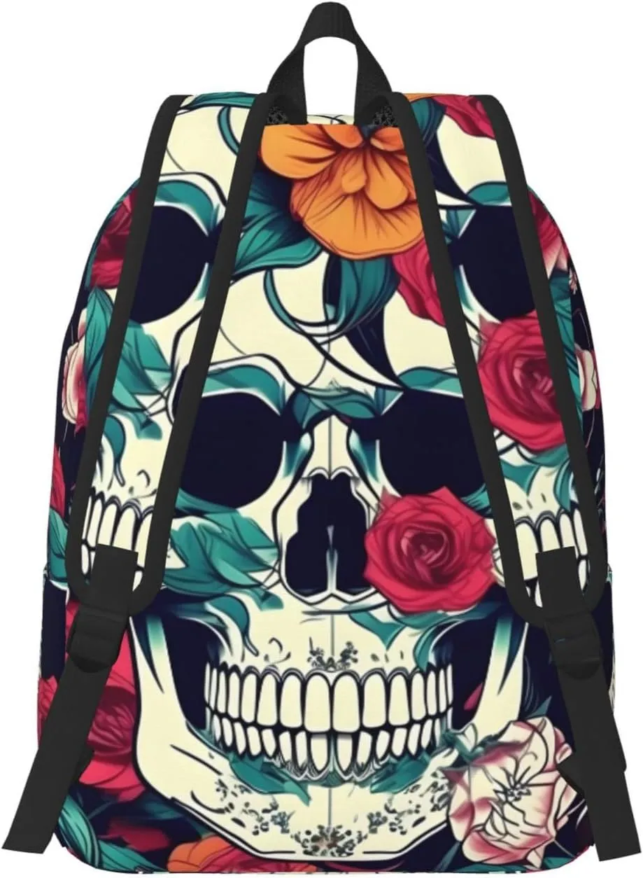 Flowers Skull Ornamental Print Laptop Backpack For Women Travel Canvas Bookbag For Men Outdoor Fashion Casual Daypack