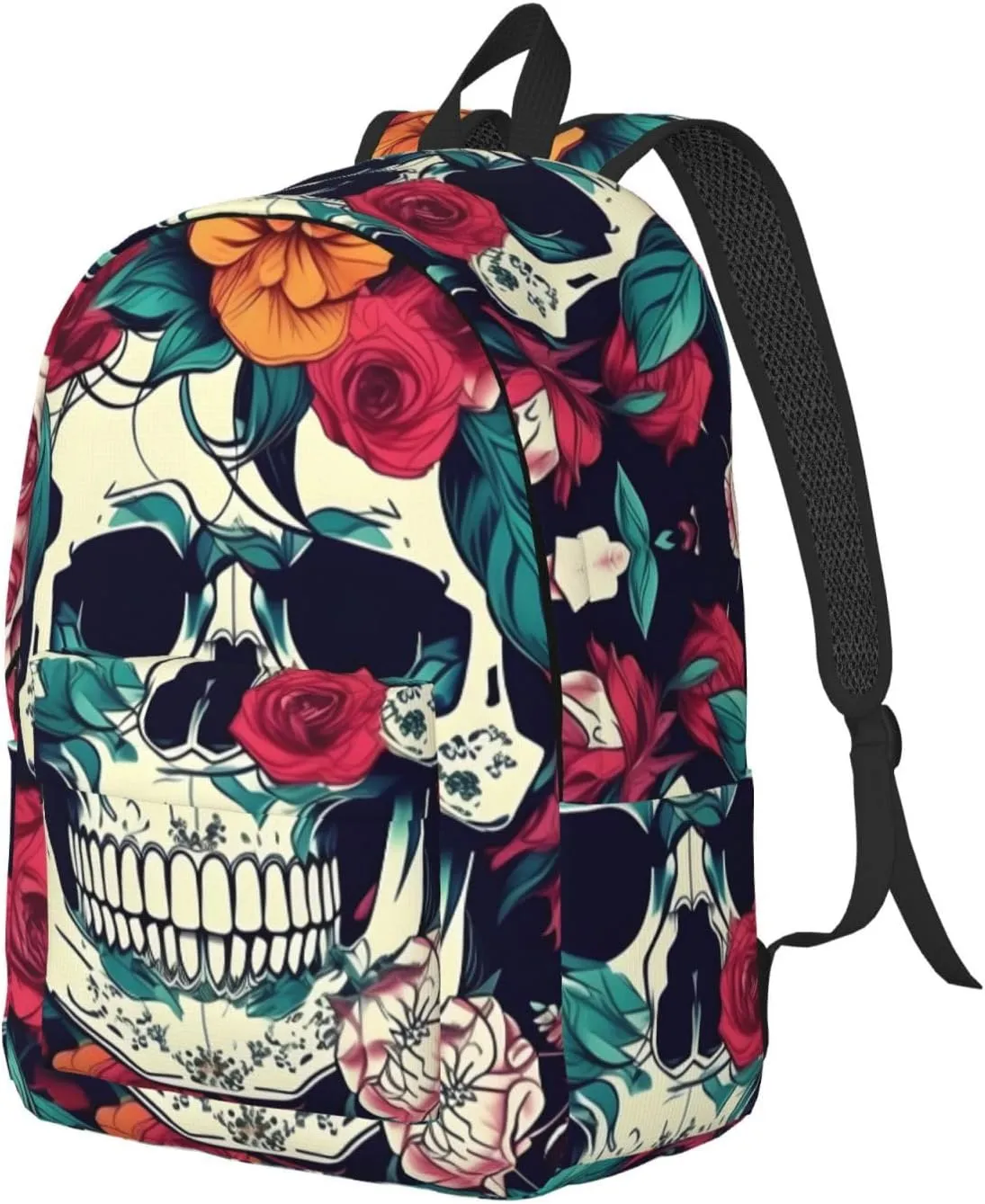 Flowers Skull Ornamental Print Laptop Backpack For Women Travel Canvas Bookbag For Men Outdoor Fashion Casual Daypack