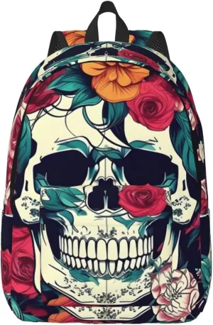 Flowers Skull Ornamental Print Laptop Backpack For Women Travel Canvas Bookbag For Men Outdoor Fashion Casual Daypack