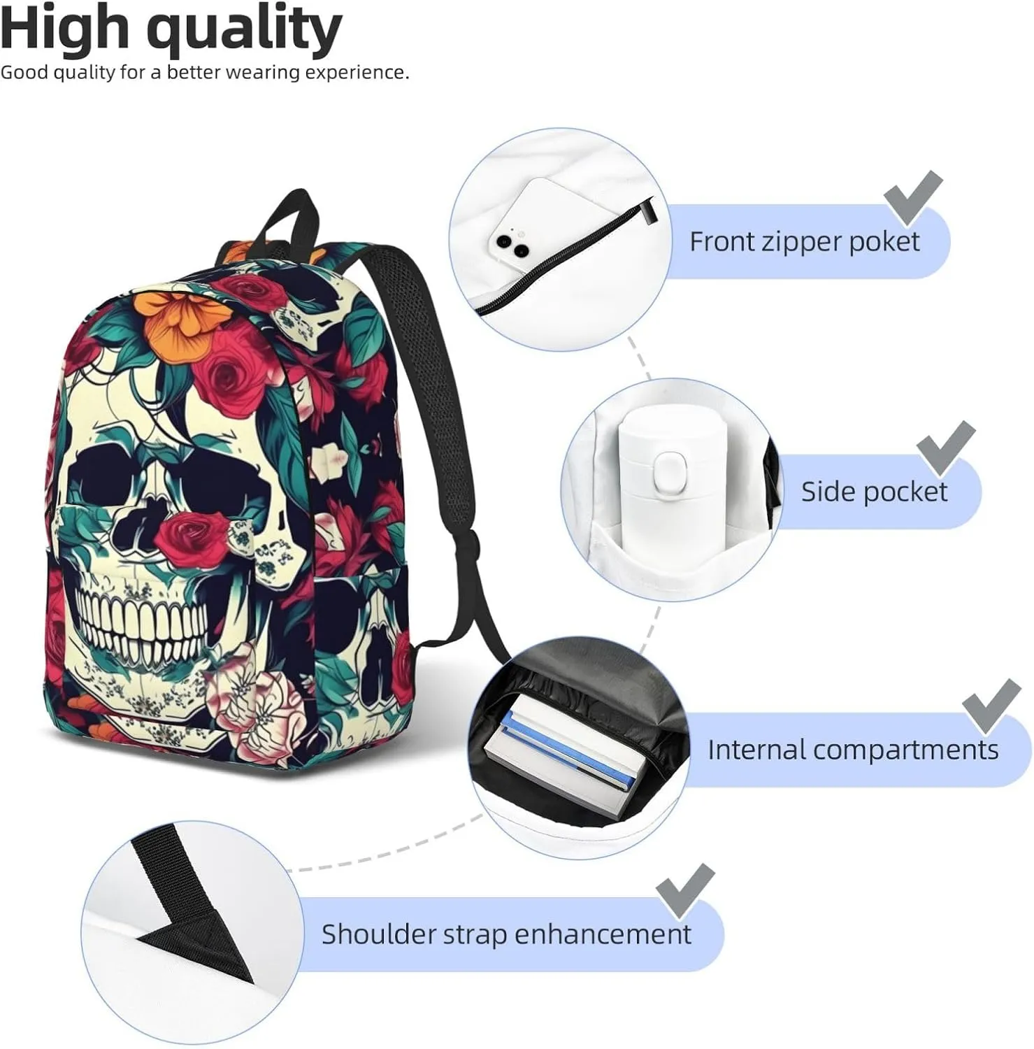 Flowers Skull Ornamental Print Laptop Backpack For Women Travel Canvas Bookbag For Men Outdoor Fashion Casual Daypack
