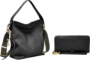 Fossil Women's Maya Leather Small Hobo Handbag, Black with Women's Logan Faux Leather RFID Zip Around Clutch Wallet, Black