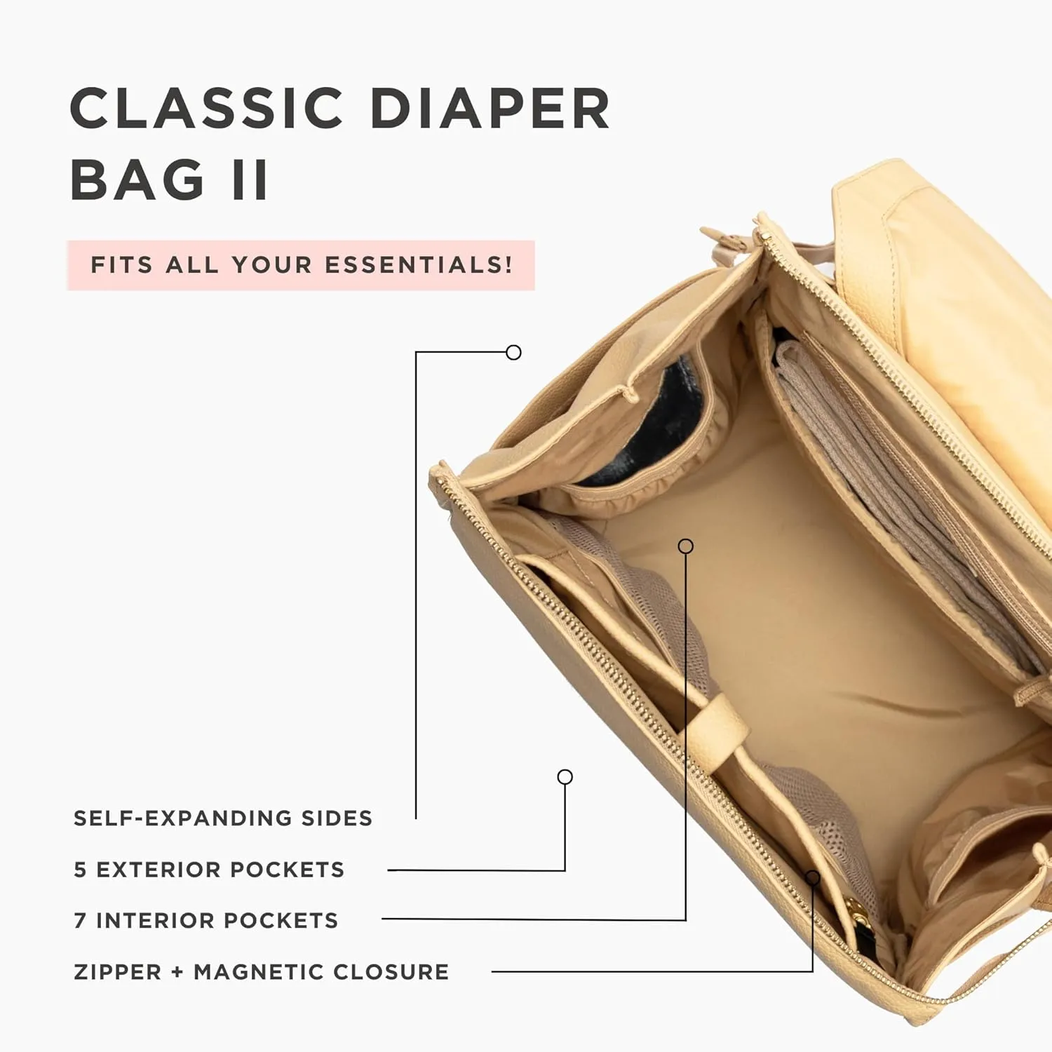 Freshly Picked Classic II Diaper Bag Backpack, Wipeable Vegan Leather With Changing Pad, Convertible (Prosecco V2)