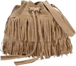 Fringe Hobo Purse Bags for Women Crossbody Purses with Drawstring Ladies Tassel Tote Shoulder Bucket Handbags,Khaki