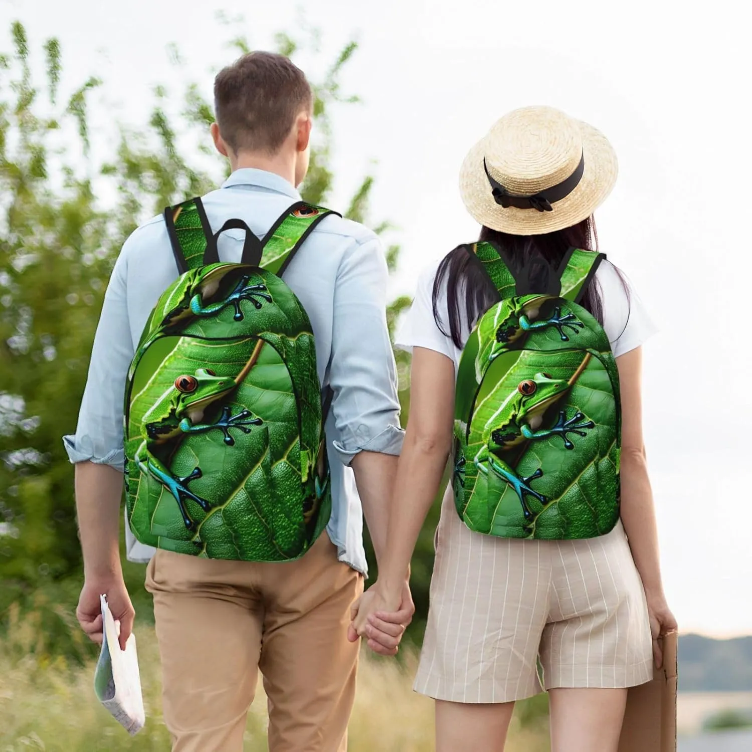 Frog Leaves Print Laptop Backpack For Women Travel Canvas Bookbag For Men Outdoor Fashion Casual Daypack, Medium, SB-122