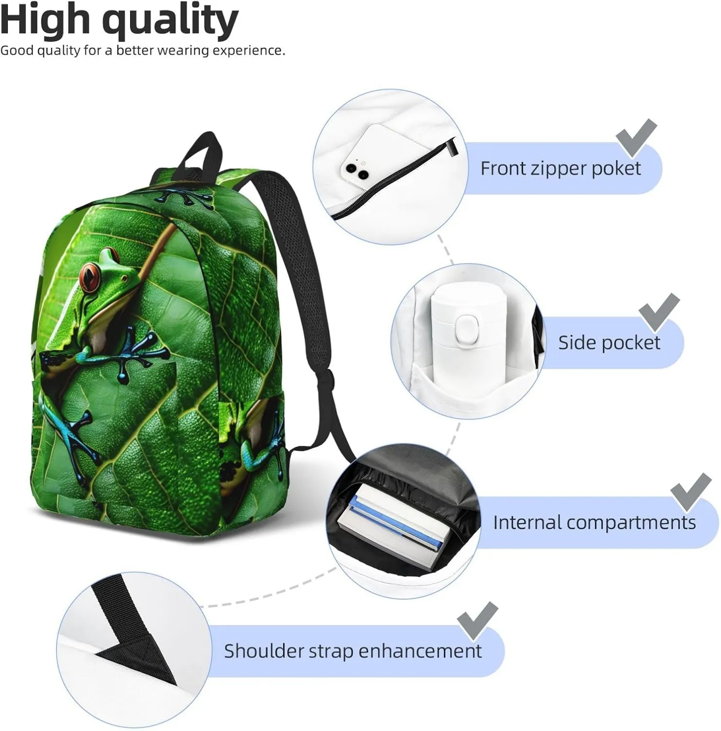 Frog Leaves Print Laptop Backpack For Women Travel Canvas Bookbag For Men Outdoor Fashion Casual Daypack, Medium, SB-122