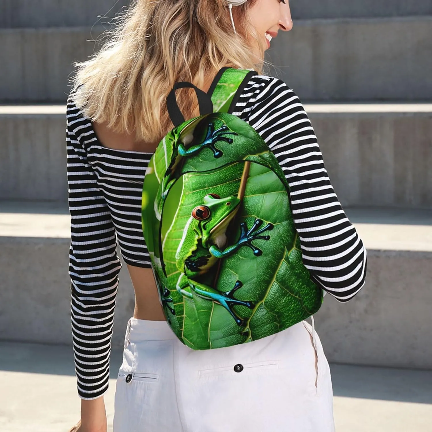 Frog Leaves Print Laptop Backpack For Women Travel Canvas Bookbag For Men Outdoor Fashion Casual Daypack, Medium, SB-122