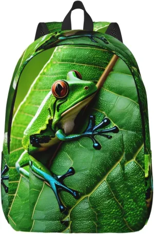 Frog Leaves Print Laptop Backpack For Women Travel Canvas Bookbag For Men Outdoor Fashion Casual Daypack, Medium, SB-122