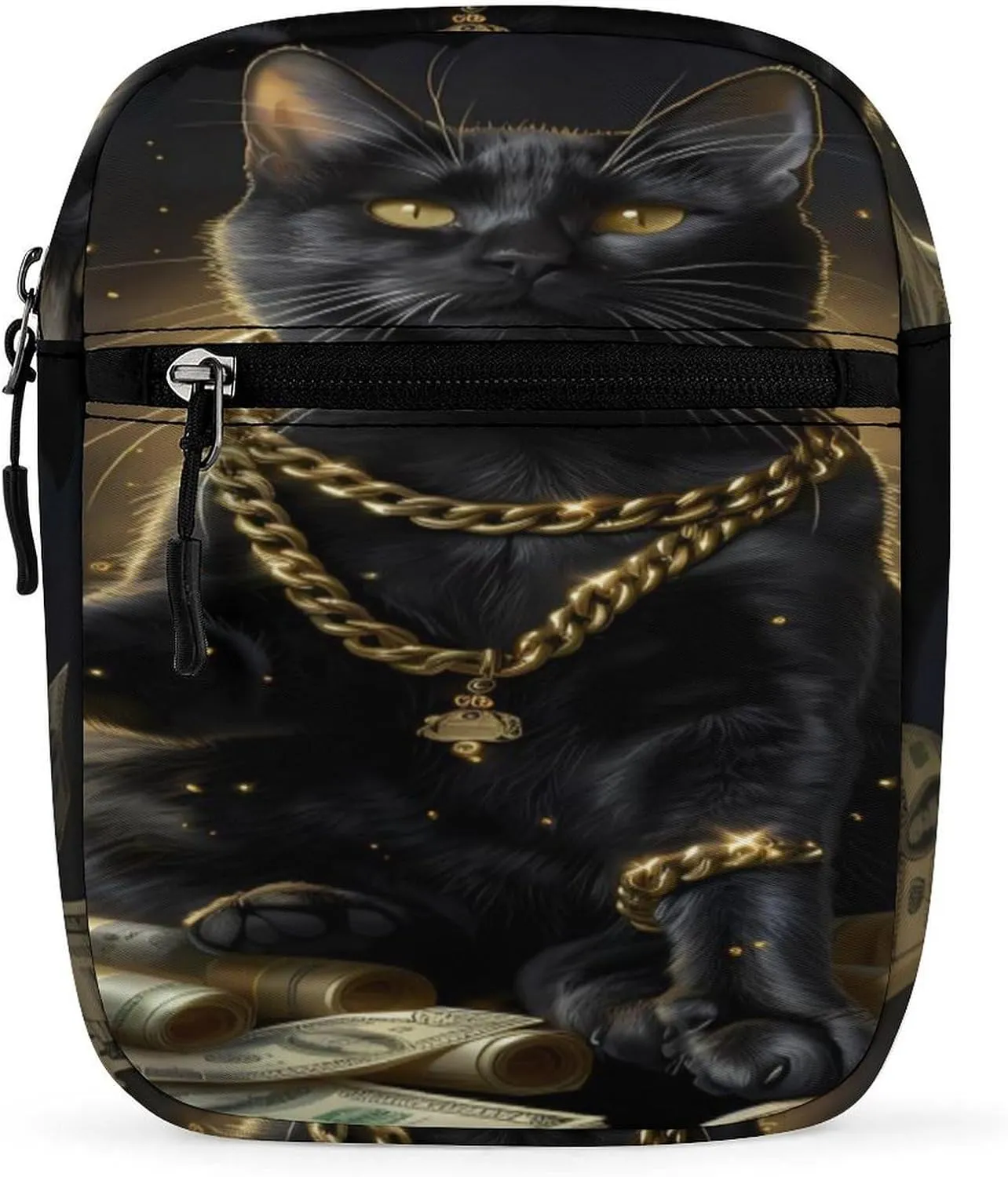 Funny Black Lucky Cat Money Dollar Sling Backpack Crossbody Waist Pack Chest Bag Fanny Pack Chest Daypack for Travel Sports Hiking
