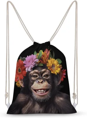 Funny Monkey with Flowers Drawstring Backpack Travel String Shoulder Bag Canvas Sport Sackpack for Gym Shopping Yoga