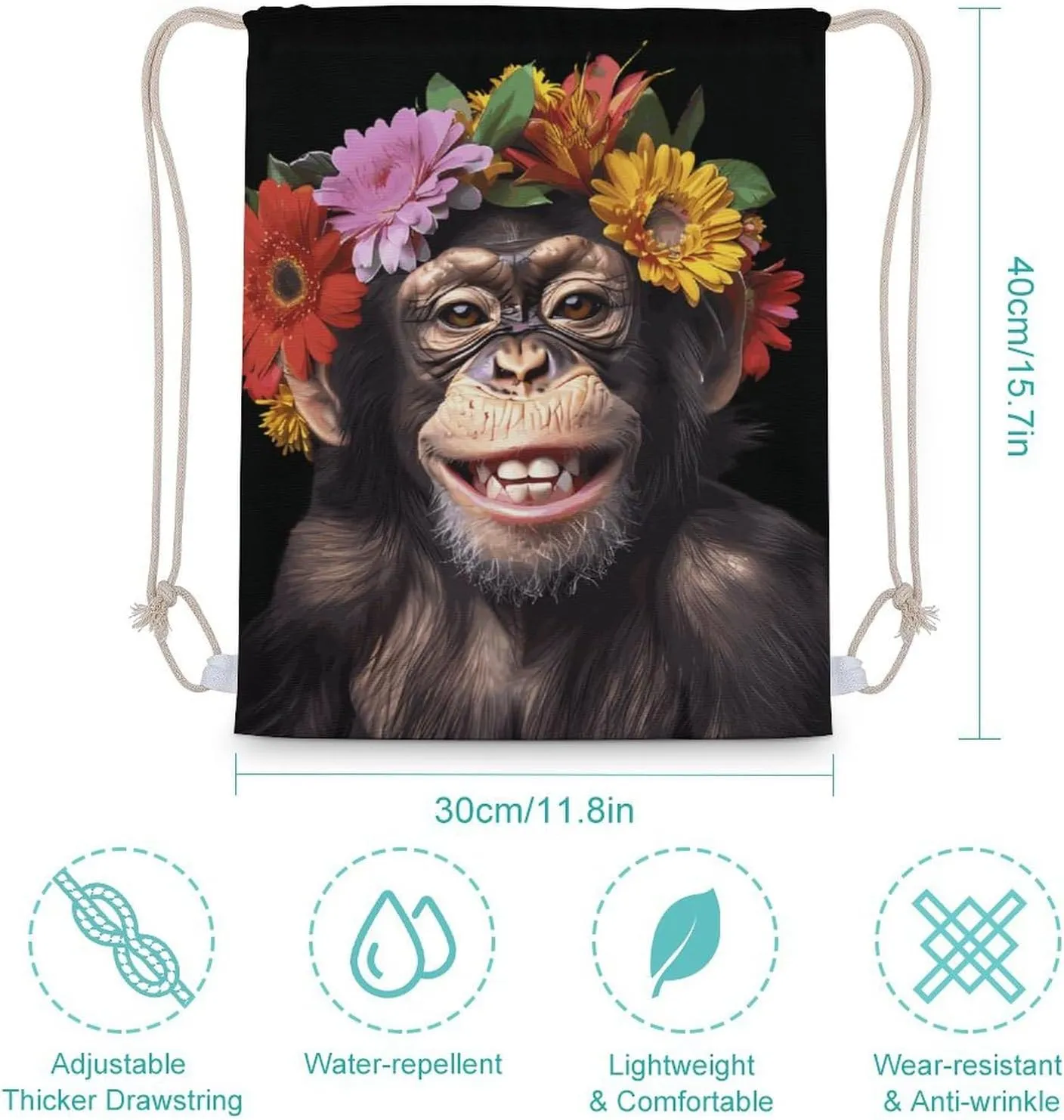 Funny Monkey with Flowers Drawstring Backpack Travel String Shoulder Bag Canvas Sport Sackpack for Gym Shopping Yoga