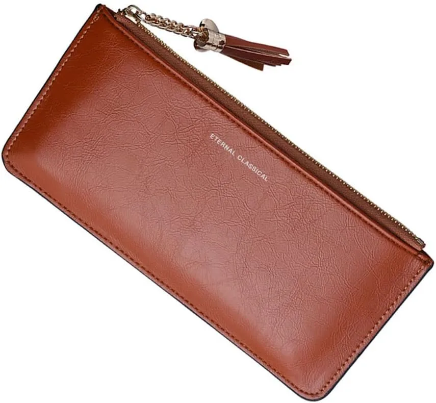 FuSi Bright Sweet Pu Purse Ultra-Thin Long Wallet Handbag for Daily Life (Brown) FSUS0074 Mini Wallet