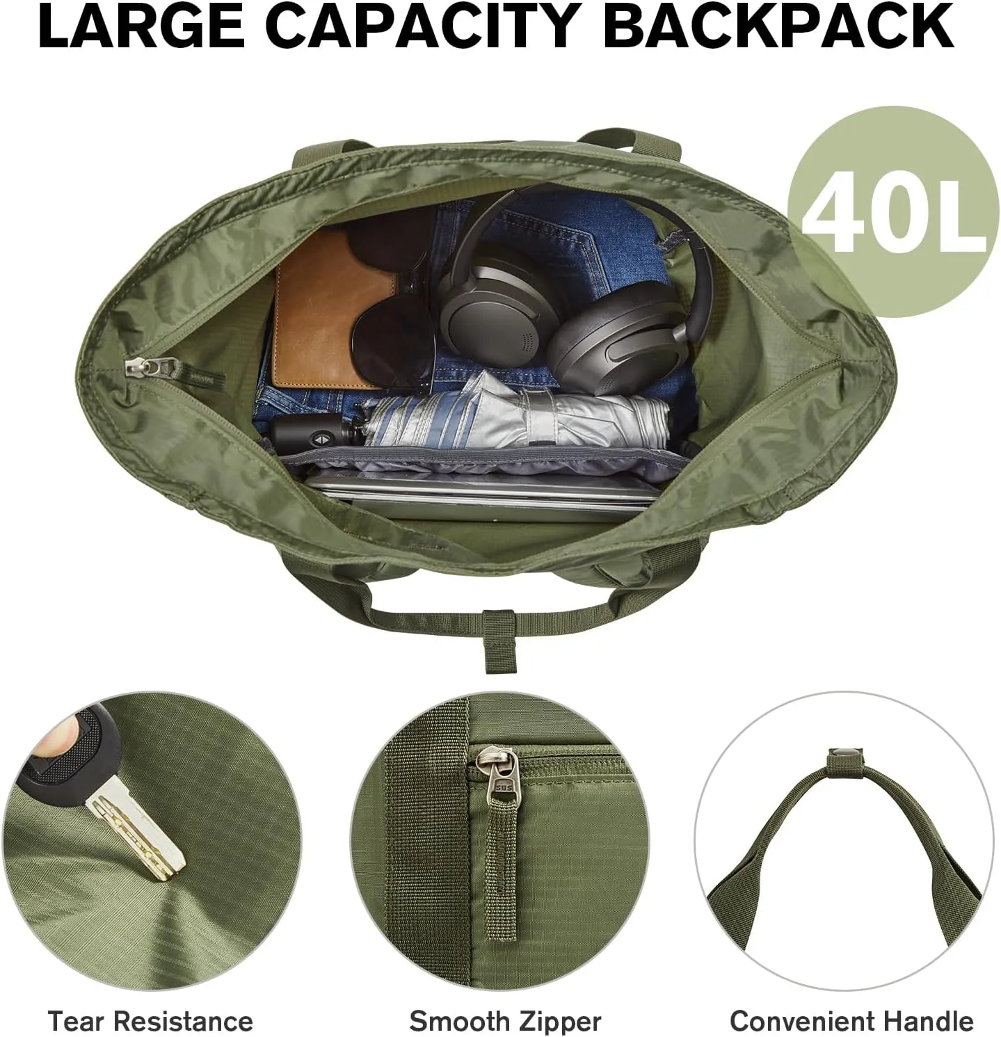G4Free 40L Packable Backpack Waterproof Tote Bag Convertible Large Lightweight Hiking Backpack Travel Casual Daypack for Maen Women(Army Green)