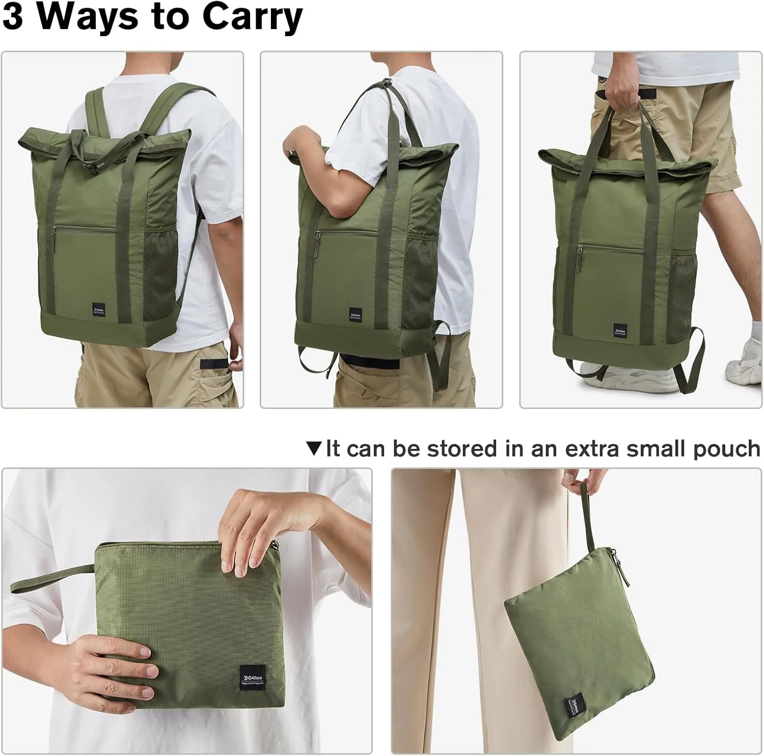 G4Free 40L Packable Backpack Waterproof Tote Bag Convertible Large Lightweight Hiking Backpack Travel Casual Daypack for Maen Women(Army Green)