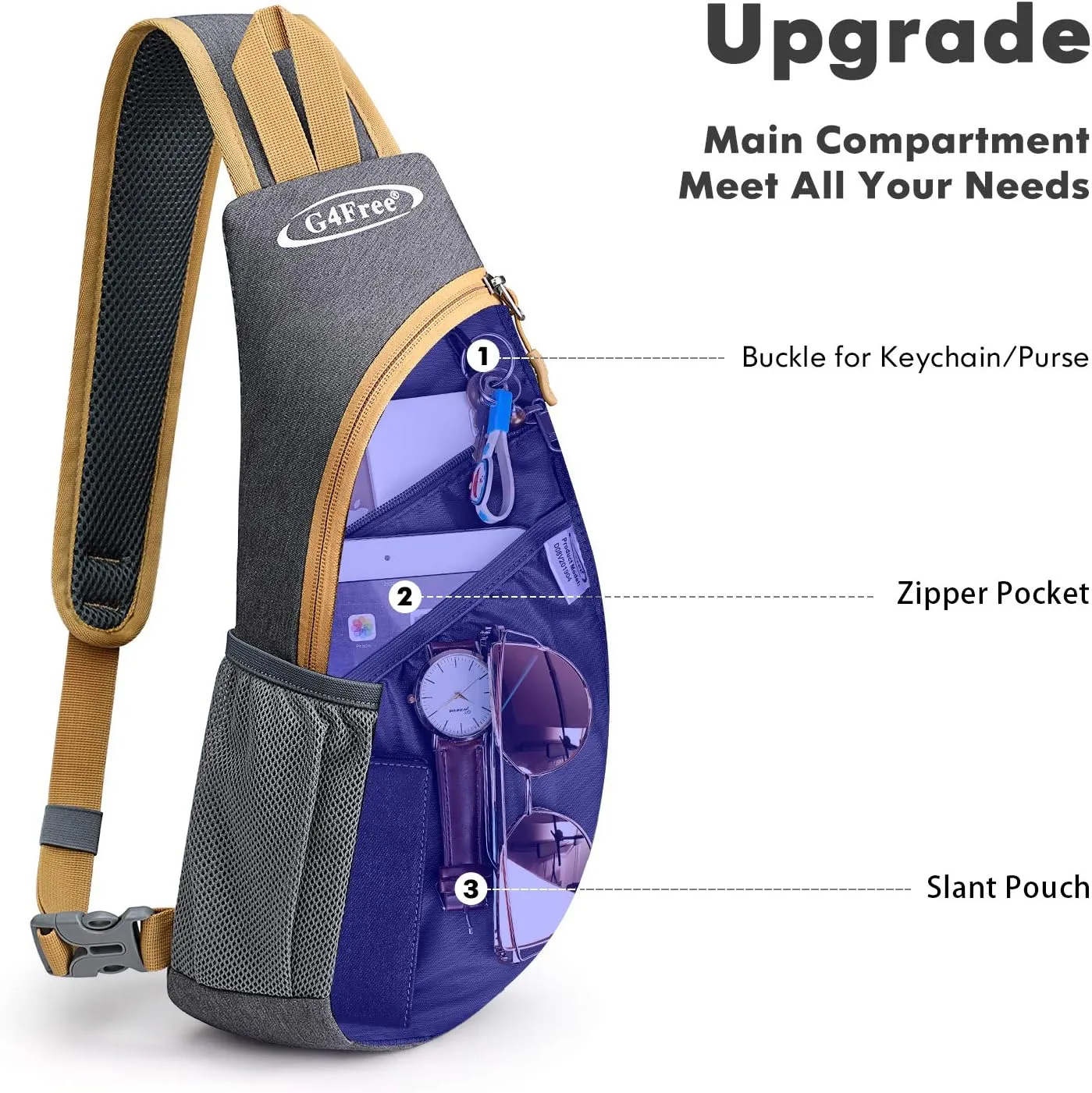 G4Free Sling Bags Men and Women Shoulder Backpack Small Crossbody Chest Sling Backpack (Grey Yellow)