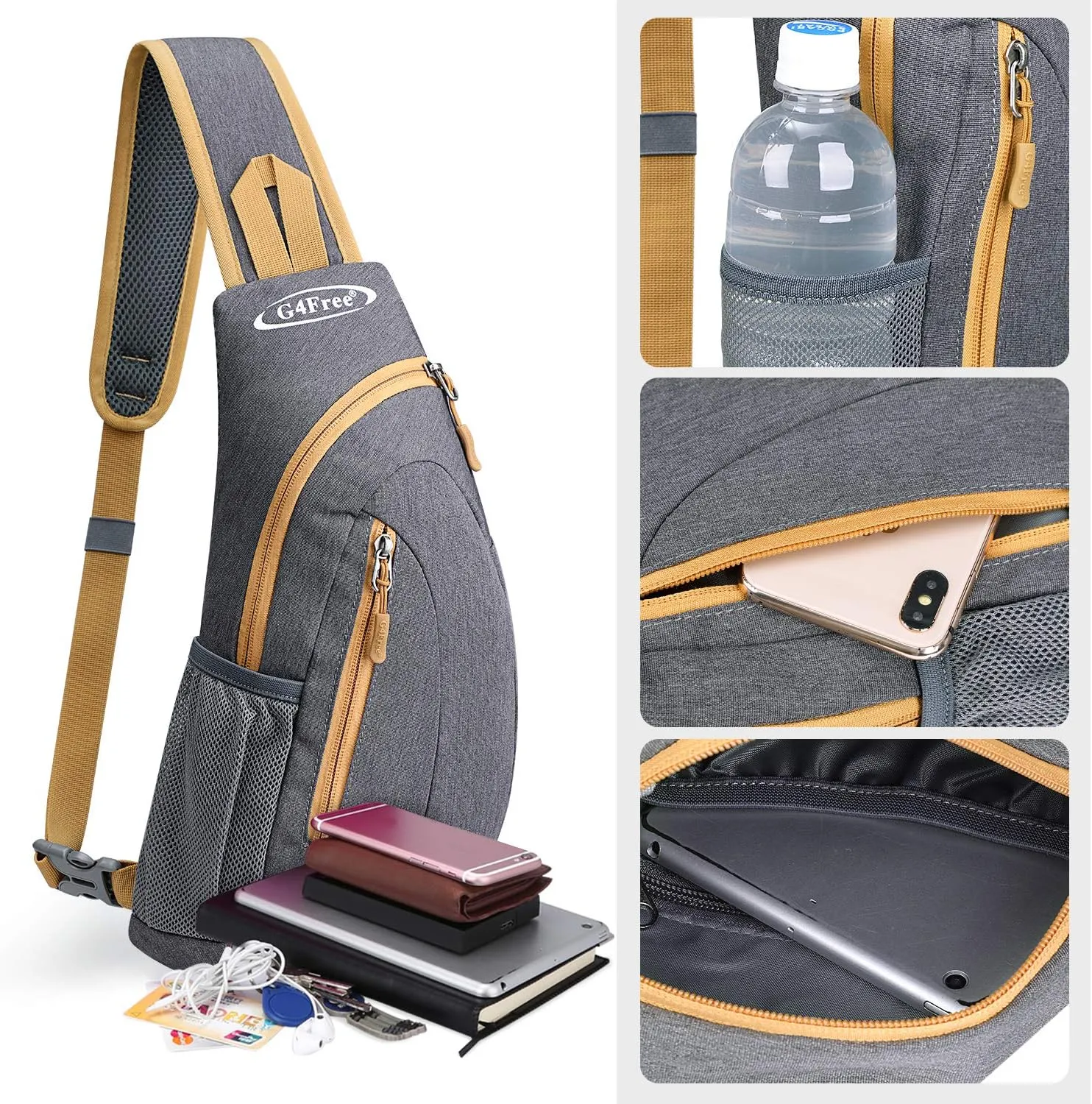 G4Free Sling Bags Men and Women Shoulder Backpack Small Crossbody Chest Sling Backpack (Grey Yellow)