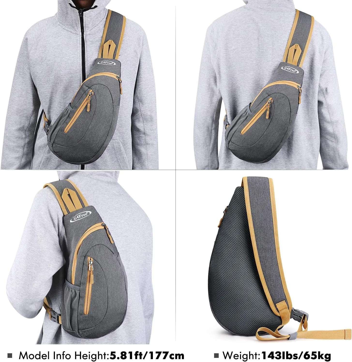 G4Free Sling Bags Men and Women Shoulder Backpack Small Crossbody Chest Sling Backpack (Grey Yellow)