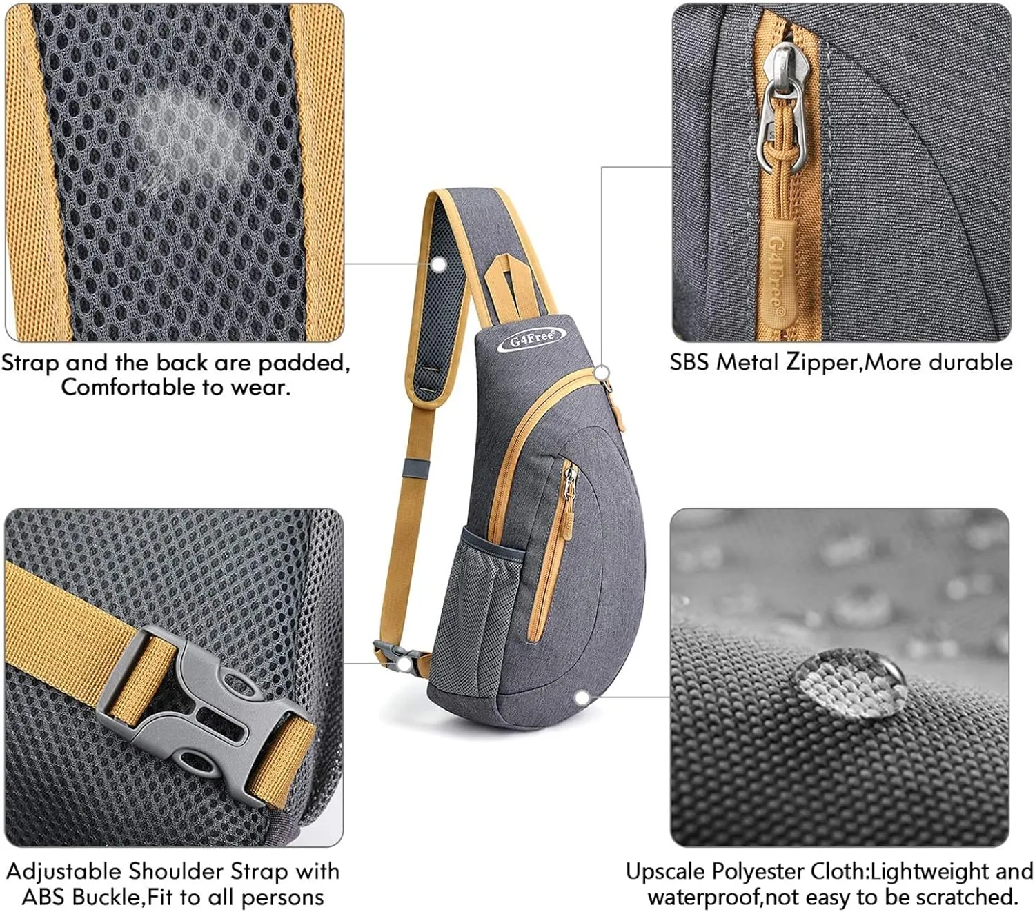 G4Free Sling Bags Men and Women Shoulder Backpack Small Crossbody Chest Sling Backpack (Grey Yellow)