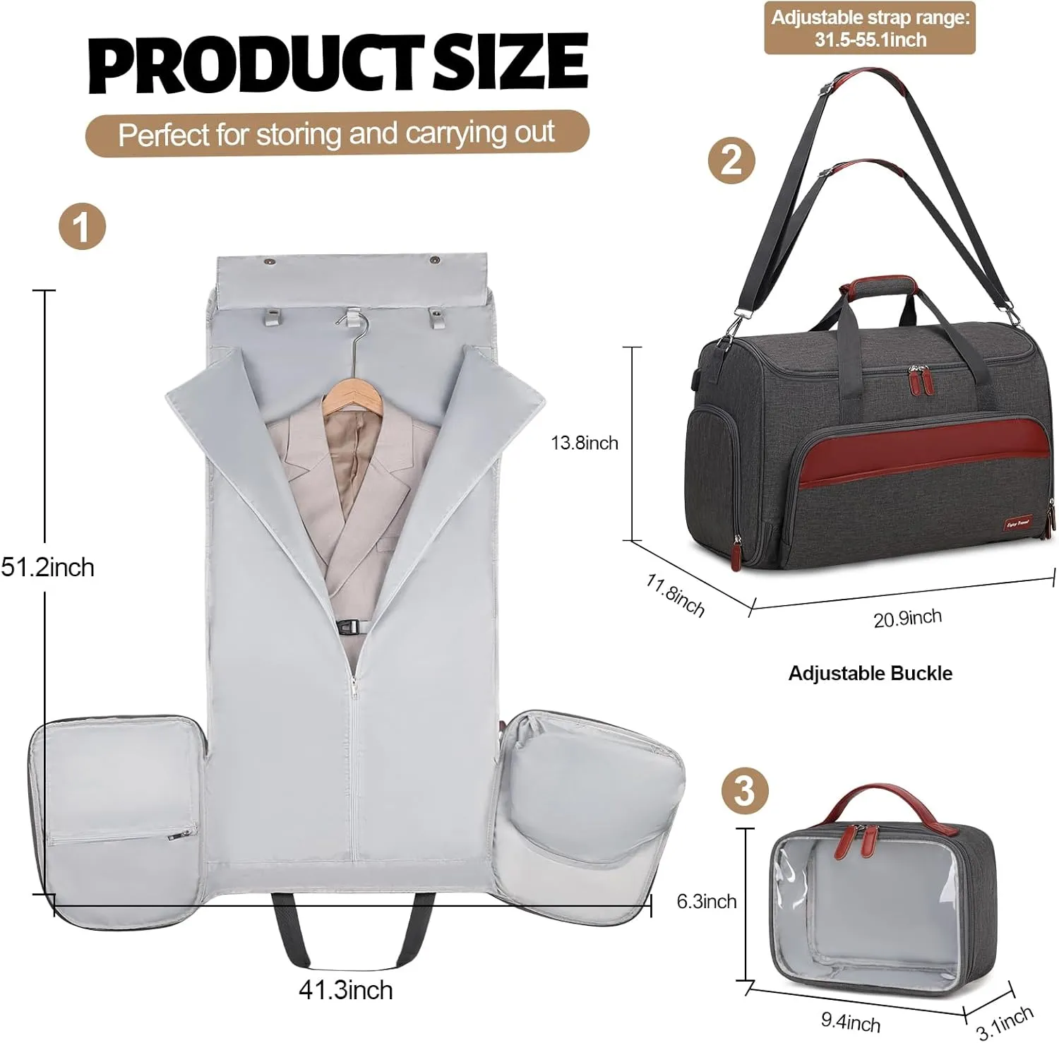 Garment Duffle Bags for Travel, Convertible Garment Bag for Men Women, Carry On Duffle Bag Backpack with Shoe Compartment & Toiletry Bag, 4 in 1 Hanging Suitcase Suit Travel Bags (Grey)