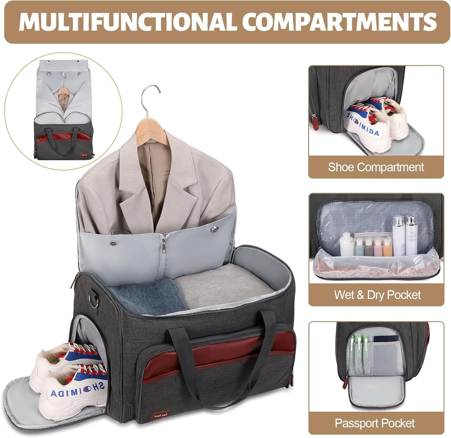 Garment Duffle Bags for Travel, Convertible Garment Bag for Men Women, Carry On Duffle Bag Backpack with Shoe Compartment & Toiletry Bag, 4 in 1 Hanging Suitcase Suit Travel Bags (Grey)