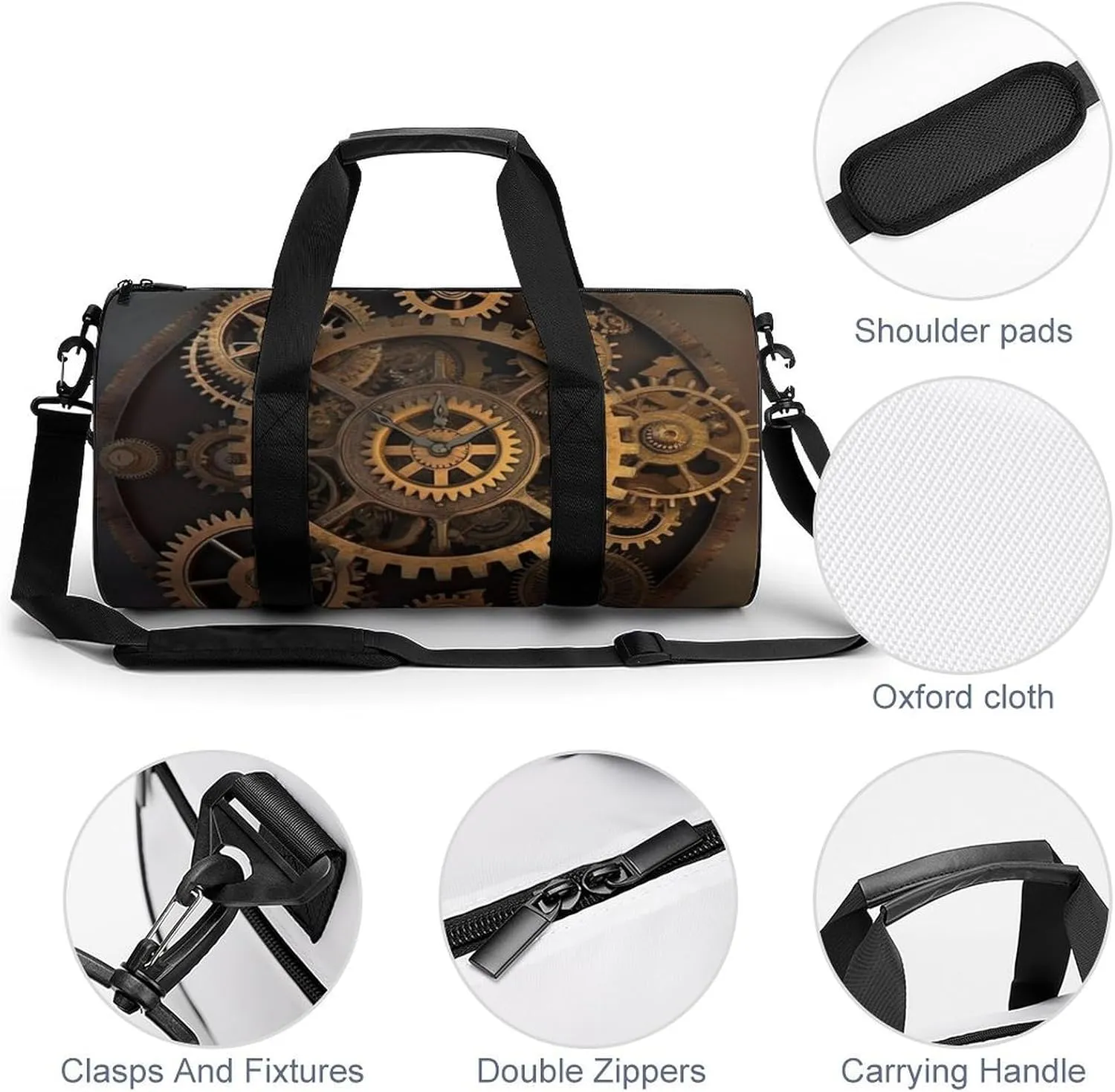 Gears Clock Bronze Century Gym Bag Small Travel Duffle Bag with Compartment Carry On Weekender Bag for Women Men