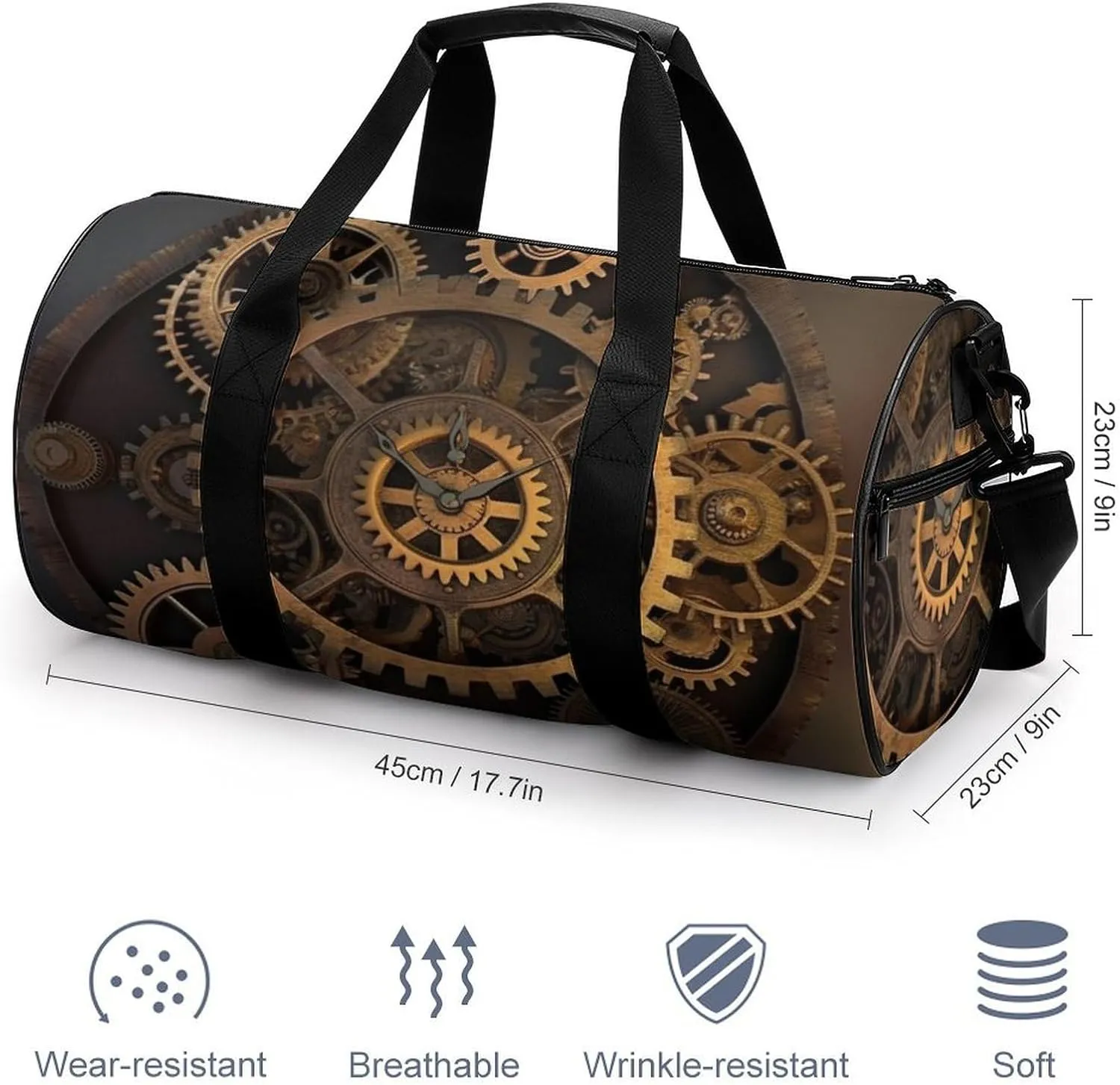 Gears Clock Bronze Century Gym Bag Small Travel Duffle Bag with Compartment Carry On Weekender Bag for Women Men