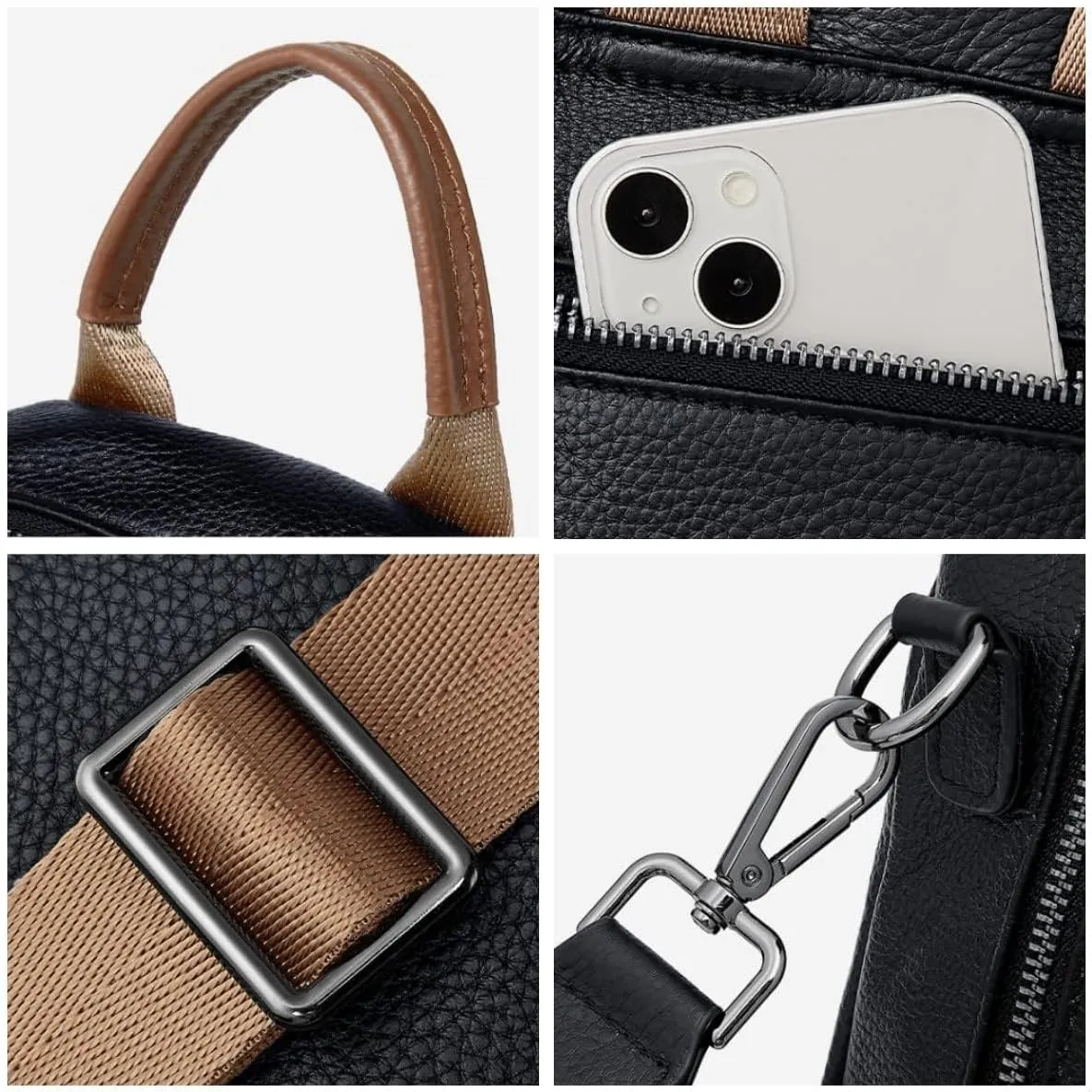 Genuine Leather Backpack Purse For Women Black Real Soft Leather Checkered Convertible Shoulder Casual Daypack Designer Bag