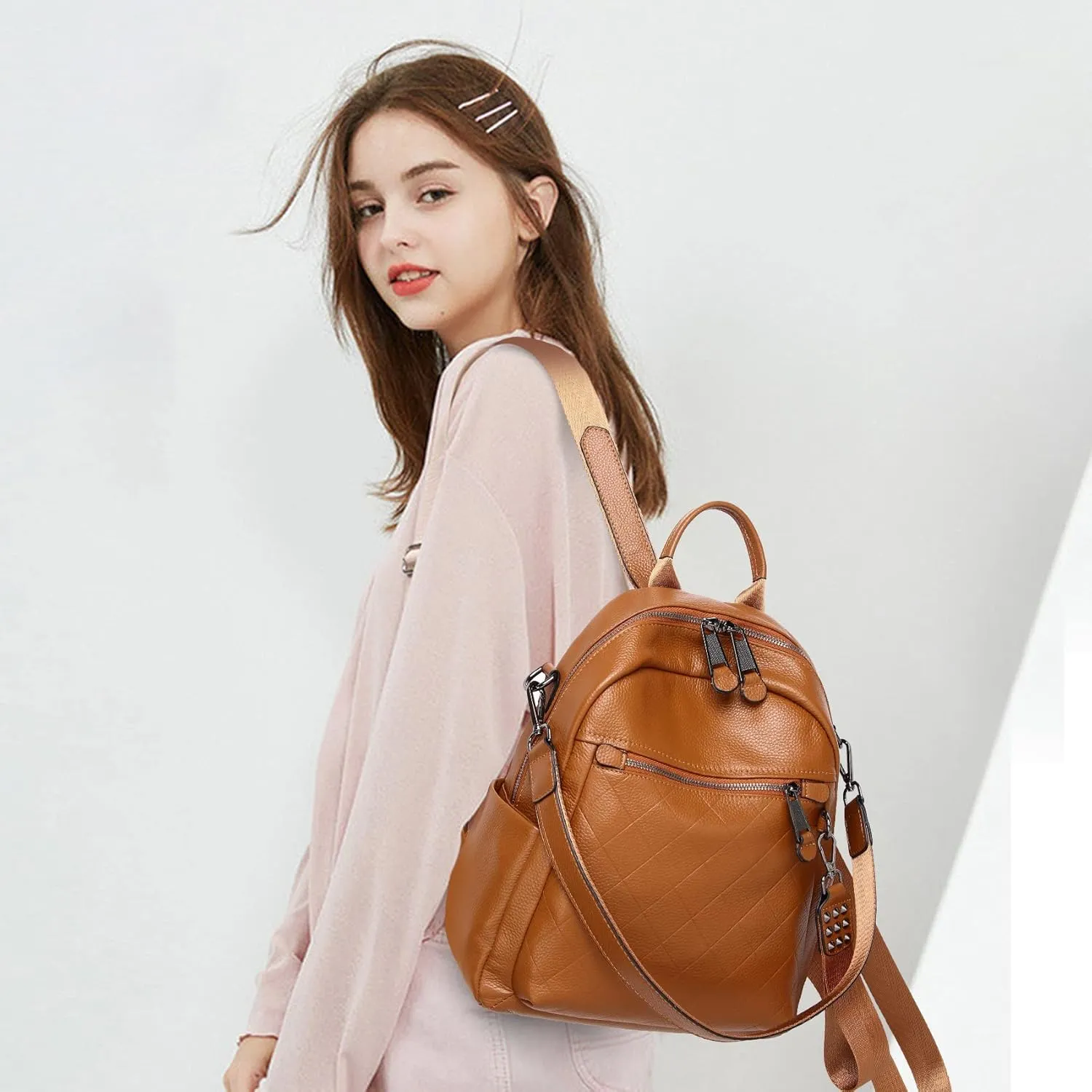 Genuine Leather Backpack Purse For Women Brown Quilted Real Soft Leather Convertible Shoulder Bag