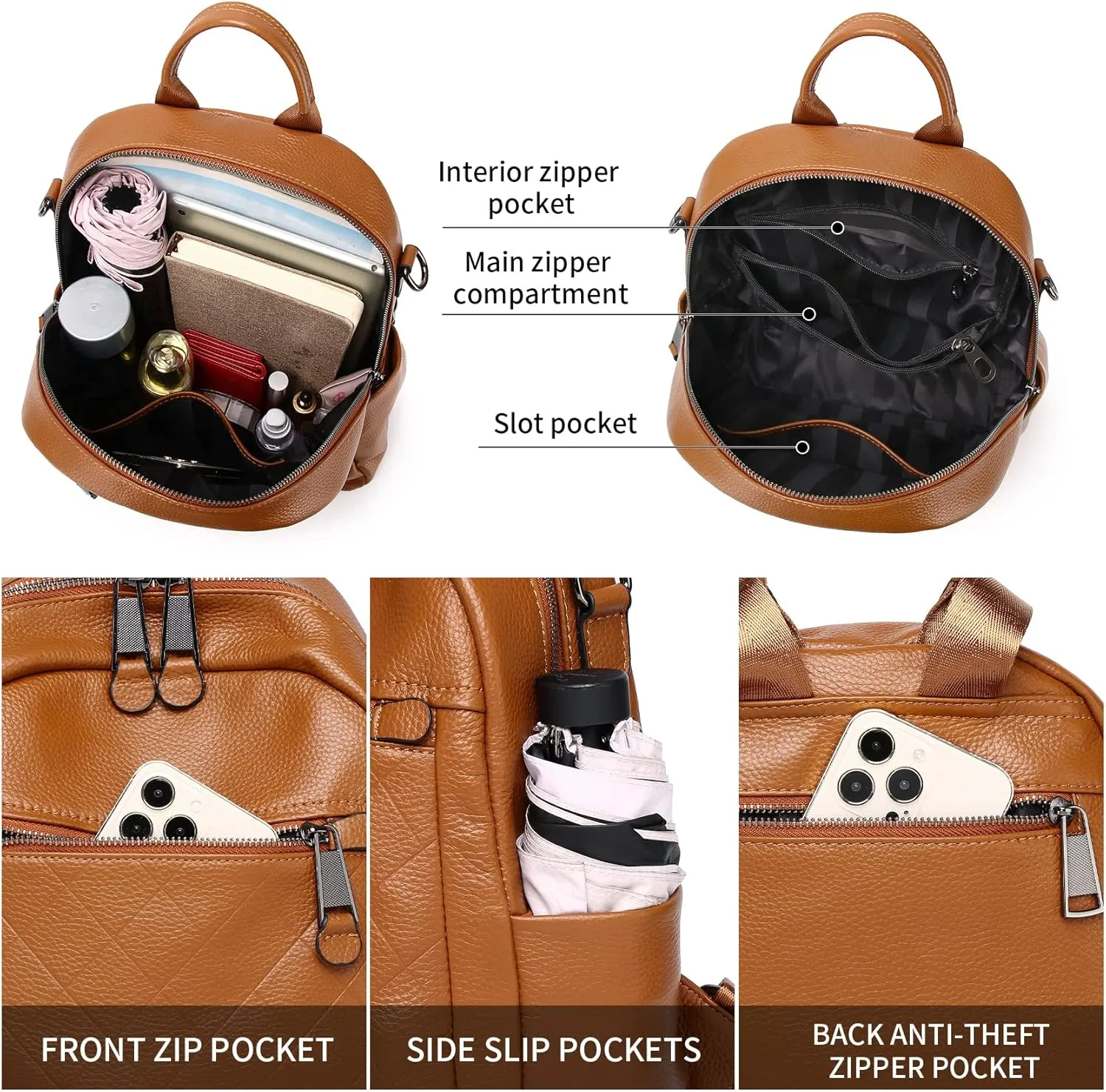 Genuine Leather Backpack Purse For Women Brown Quilted Real Soft Leather Convertible Shoulder Bag