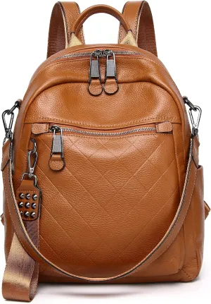 Genuine Leather Backpack Purse For Women Brown Quilted Real Soft Leather Convertible Shoulder Bag