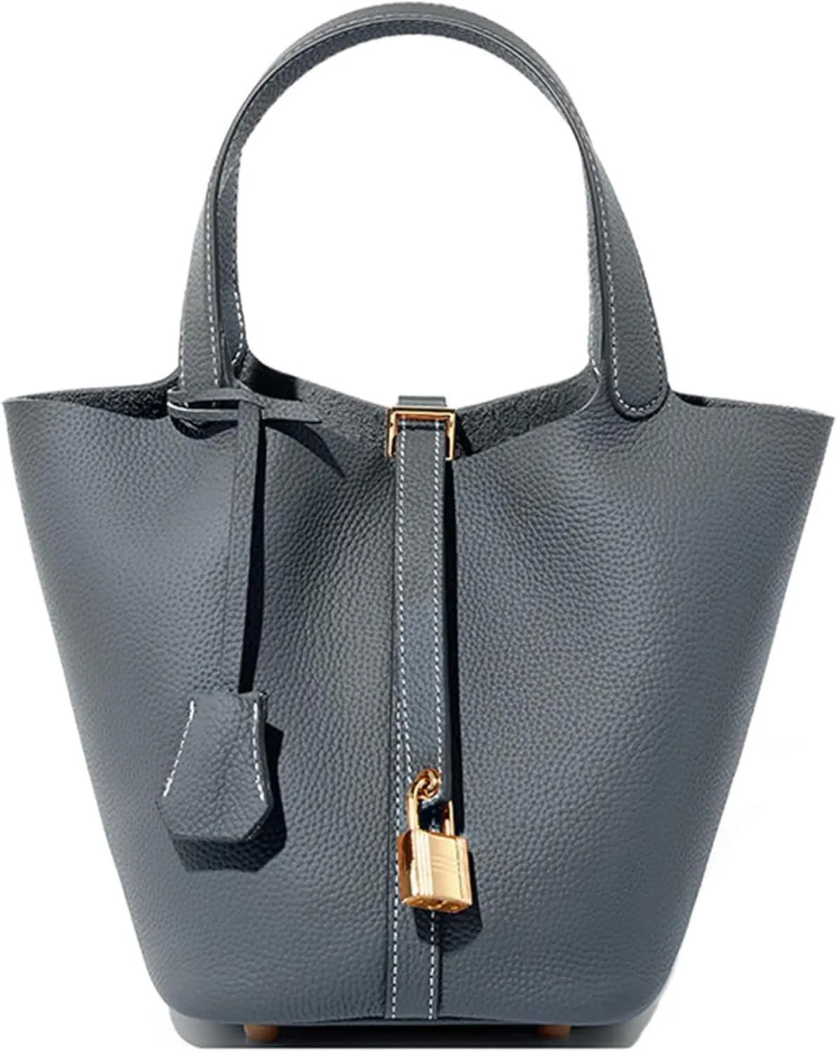 Genuine Leather Bucket Bag for Women Stylish Lock Design Small Satchel Purses Handbags Daily Casual Soft Shoulder Bags