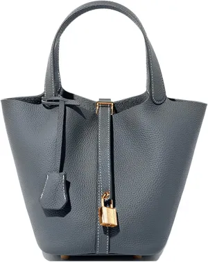 Genuine Leather Bucket Bag for Women Stylish Lock Design Small Satchel Purses Handbags Daily Casual Soft Shoulder Bags