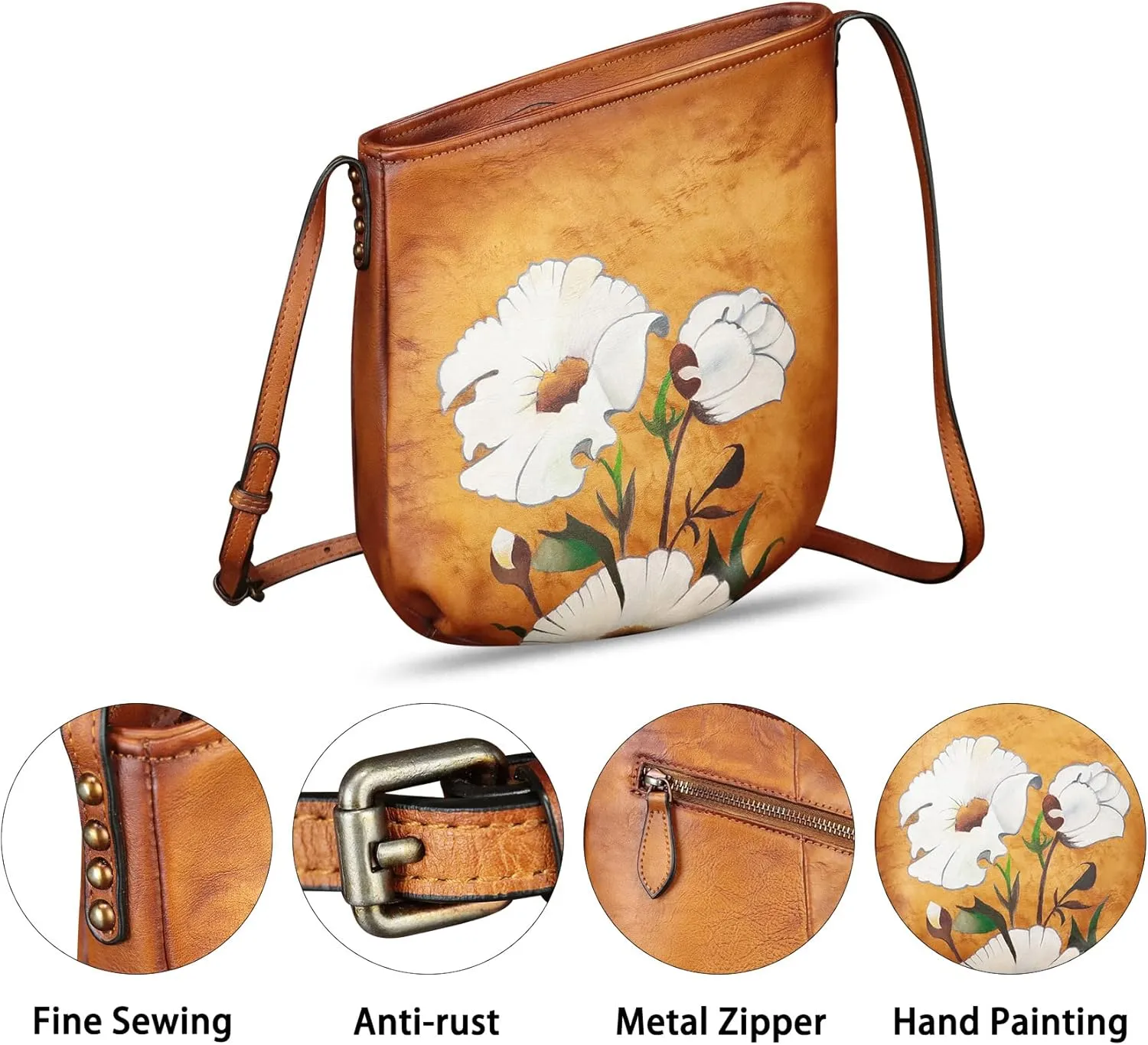 Genuine Leather Crossbody Bag for Women Hand Painted Leather Handmade Crossbody Satchel Purse Handbag
