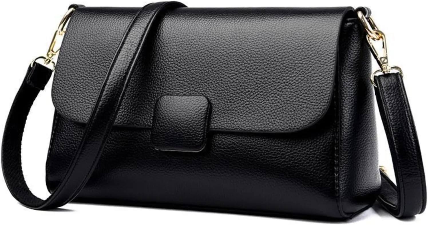 Genuine Leather Crossbody Bag for Women, Small Soft Cowhide Shoulder Purse, Magnetic Closure, Adjustable Strap